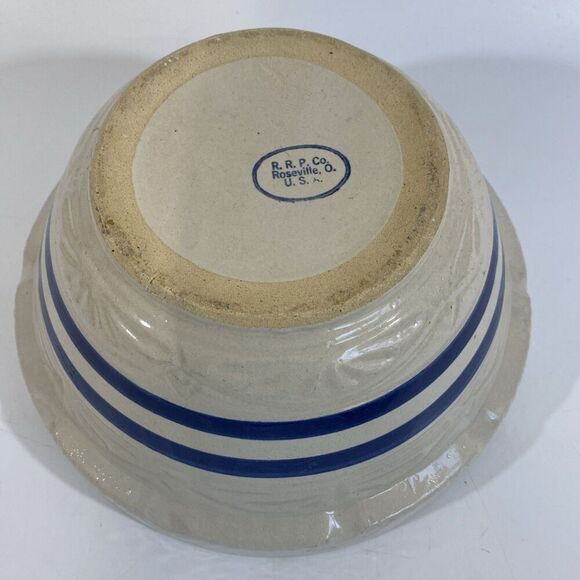 Vtg RRP ROSEVILLE OHIO POTTERY STONEWARE MIXING BOWL Blue Stripes 10” Farmhouse - Picture 7 of 11